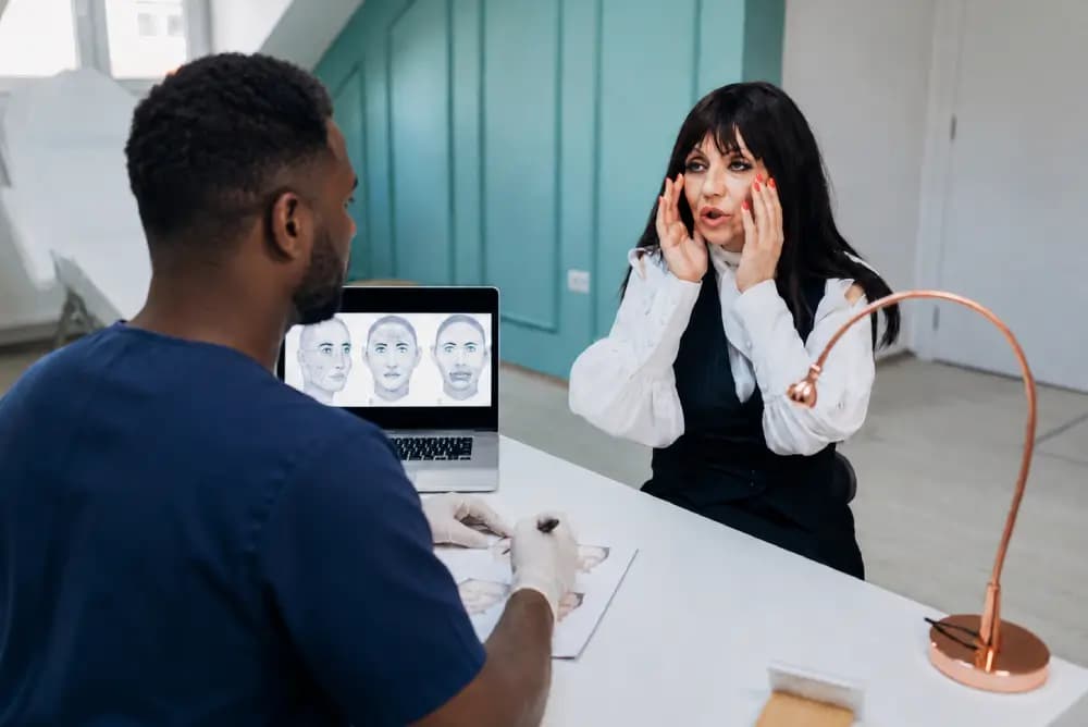 Facelift: Doctor examining woman's facial features before treatment