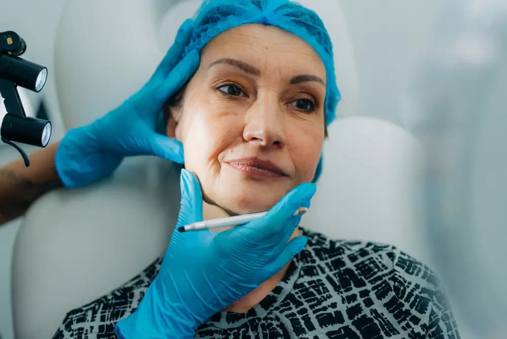 Facelift: Doctor measuring woman's facial features before treatment